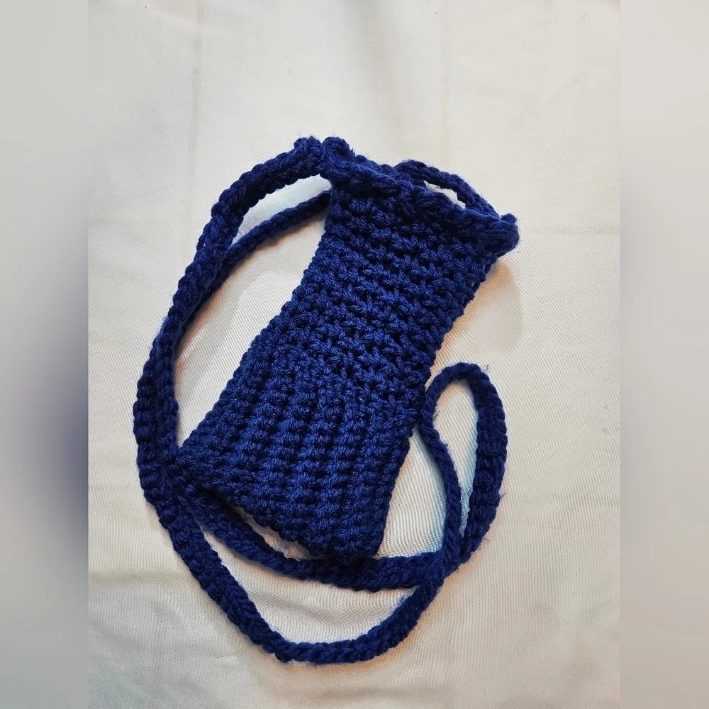 Hand Crafted hand knit crochet cellphone crossbody bag boho style electric blue